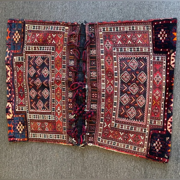 Vintage Tribal Patterned Red, Blue and CreamColored Camel Saddle Bag Woolen